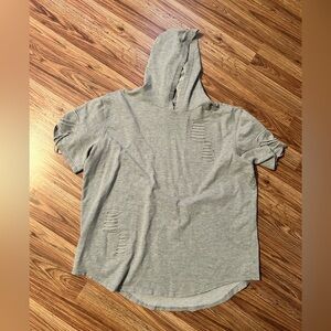 Mens Gray Distressed Short Sleeve Hoodie